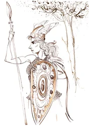 Kirsten Flagstad como Brünnhilde da ópera Die Walküre de Richard Wagner (compositor alemão de 1813-83); caricatura sépia